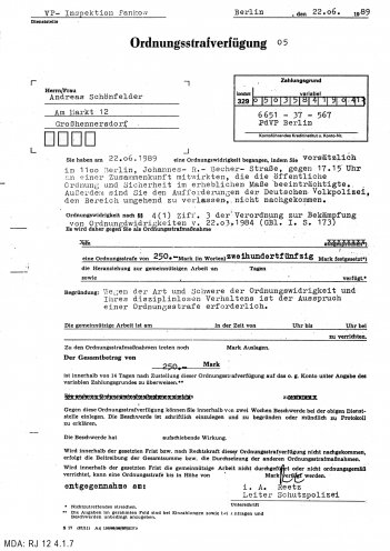 250 Mark für „disziplinloses Verhalten“: Ordnungsstrafverfügung gegen einen Demonstranten vor der chinesischen Botschaft in Berlin (22. Juni 1989). Quelle: Robert-Havemann-Gesellschaft