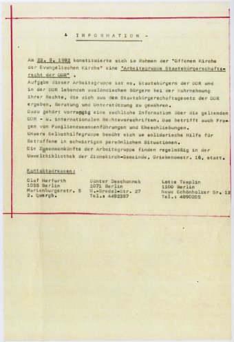 Information über die Konstituierung der Arbeitsgruppe Staatsbürgerschaftsrecht der DDR am 22. September 1987 in Berlin. Hauptthemen der Gruppe sind die Beratung und Information über rechtliche Möglichkeiten von Ausreiseantragstellern. Quelle: Robert-Havemann-Gesellschaft