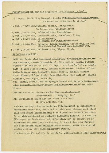 Informationen zu Fürbittandachten in Berlin für die in Leipzig Inhaftierten (29. September 1989 bis 9. Oktober 1989) sowie über Festnahmen seit dem 11. September 1989 in Leipzig. Quelle: Robert-Havemann-Gesellschaft / RHG_Fak_0086