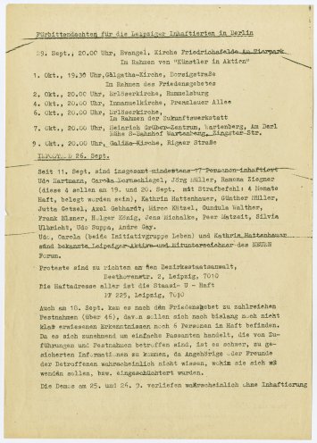 Informationen zu Fürbittandachten in Berlin für die in Leipzig Inhaftierten (29. September 1989 bis 9. Oktober 1989) sowie über Festnahmen seit dem 11. September 1989 in Leipzig. Quelle: Robert-Havemann-Gesellschaft