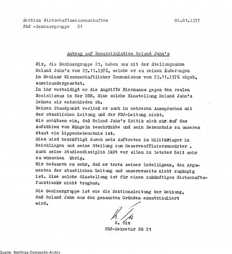 Antrag auf Exmatrikulation Roland Jahns durch seine Seminargruppe (1977). Quelle: Robert-Havemann-Gesellschaft (BStU-Kopie)