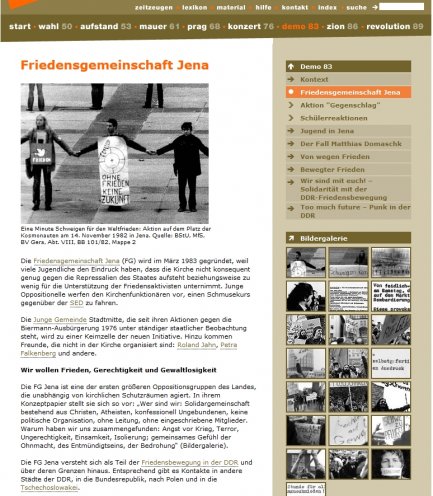 Ausschnitt Artikelseite "Friedensgemeinschaft Jena" (Design: Sandy Kaltenborn, www.image-shift.net)