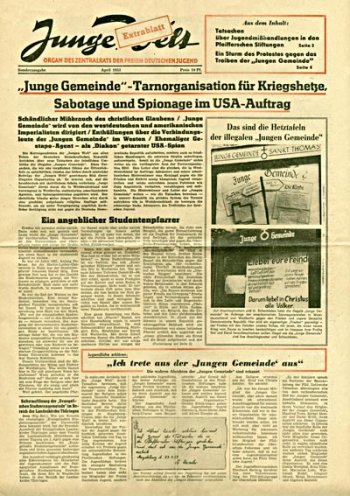 Extrablatt gegen die Junge Gemeinde: Die Junge Welt, das Zentralorgan der FDJ, veröffentlicht im April 1953 eine Propaganda-Ausgabe. Im DDR-Samisdat wird dieses Extrablatt in der zweiten Hälfte der 1980er Jahre einmal als Deckblatt verwendet („Glasnot“).