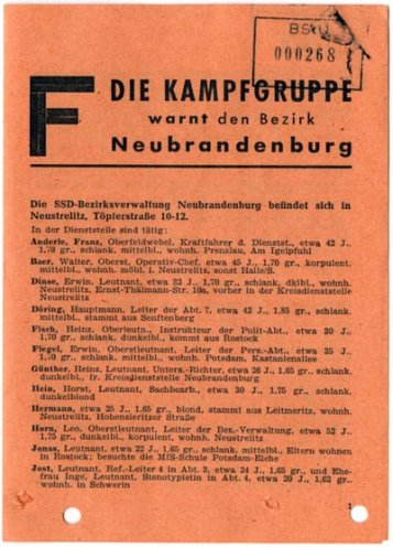Die Kampfgruppe gegen Unmenschlichkeit registriert Namen von Spitzeln und Mitarbeitern des Ministeriums für Staatssicherheit. Diese Namenslisten werden als Flugblätter illegal in der DDR verteilt und teilweise auch über den RIAS öffentlich bekannt...