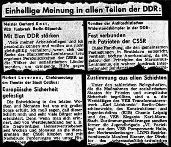 Trügerischer Konsens: Noch Wochen nach dem Einmarsch der Warschauer-Pakt-Staaten zur Niederschlagung des Prager Frühlings wird in der DDR-Presse die organisierte Kampagne fortgesetzt, in der einzelne Bürger und Betriebskollektive die Besetzung der...