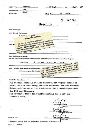 Die Staatssicherheit bereitet die Verurteilung von Thomas Wagner und Gabriele Kachold-Stötzer vor.