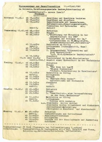 Winterseminar zur Baumpflanzaktion in Schwerin zum Thema „Landwirtschaft – unsere Umwelt“, Versöhnungsgemeinde Lankow (11. bis 15. Februar 1981). Es handelt sich um das erste Ökologieseminar, das in der DDR stattfindet und Vorträge, Diskussionen...
