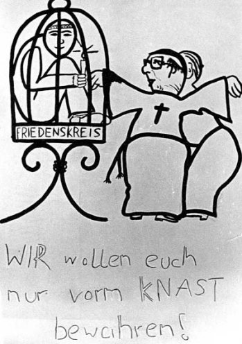 Ein Plakat, das auf der 3. Friedenswerkstatt in der Erlöserkirche in Berlin verkauft wird (8. Juli 1984).