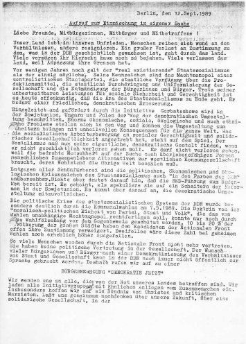 Gründungsaufruf der Bürgerbewegung Demokratie Jetzt (12. September 1989).