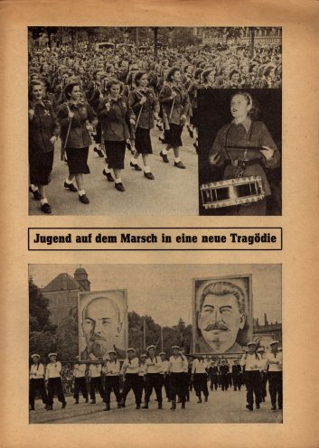 „Jugend auf dem Marsch in eine neue Tragödie“: Flugblatt der SPD von 1952, in dem sie Kritik an dem militaristischen Drill übt, dem die Jugend in der Sowjetzone ausgesetzt ist. Quelle: Archiv der Sozialen Demokratie, Seite 1 von 4