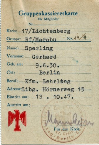 Mitgliedskarte von Gerhard "Spatz" Sperling. Quelle: Berliner Beauftragter zur Aufarbeitung der SED-Diktatur