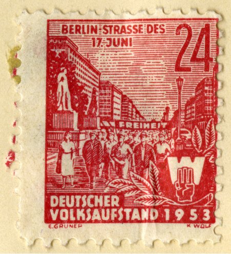 Um den blutig niedergeschlagenen Volksaufstand vom 17. Juni 1953 in der Erinnerung der DDR-Bevölkerung wachzuhalten, verbreitet die KgU diese gefälschten Briefmarken in der DDR. Quelle: BStU, MfS, AU 164/55, Bd.20