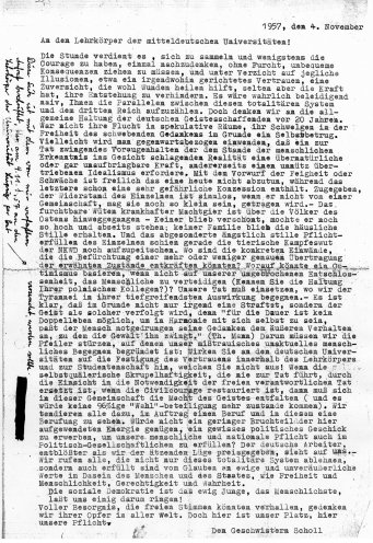 Zum ersten Jahrestag der blutigen Niederschlagung des Ungarn-Aufstands plant die Gruppe 1957 den Versand eines „Aufrufs an die mitteldeutschen Hochschullehrer“, der an die Universitäten Jena, Leipzig und Halle verschickt werden soll. Unter enormen...