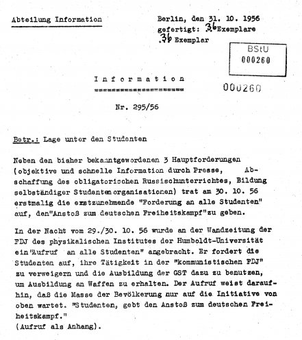 „Studenten, gebt den Anstoß zum deutschen Freiheitskampf!“. Bericht des MfS zur Lage unter den Studenten der Humboldt-Universität zu Berlin. Quelle: Bundesarchiv / Stasi-Unterlagen-Archiv
, MfS, AS 83/59