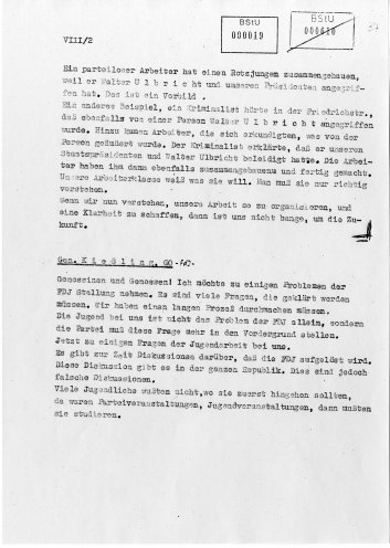 Protokoll der Parteiaktivtagung des MfS vom 30. November 1956. Gustav Szinda, Leiter der Hauptabteilung VII des MfS, spricht über die Jugend. Quelle: Robert-Havemann-Gesellschaft (BStU-Kopie), Seite 2 von 2