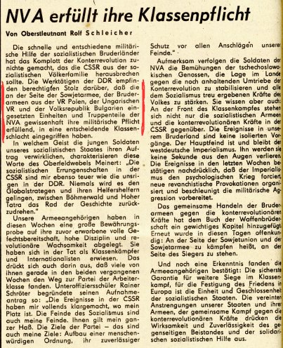 Eine glatte Lüge: Die SED-Führung lässt über ihre Massenmedien verbreiten, dass auch die NVA in die CSSR einmarschiert ist. Im Bild: ein Artikel im Neuen Deutschland vom 4. September 1968. Quelle: Robert-Havemann-Gesellschaft