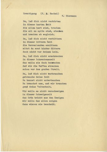 Ermutigung für seinen Freund, den Dichter Peter Huchel: Wolf Biermanns Text „Du, laß dich nicht verhärten“, geschrieben 1968. Quelle: Robert-Havemann-Gesellschaft / RHG_Fak_0533