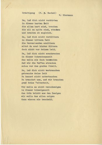 Ermutigung für seinen Freund, den Dichter Peter Huchel: Wolf Biermanns Text „Du, laß dich nicht verhärten“, geschrieben 1968. Quelle: Robert-Havemann-Gesellschaft