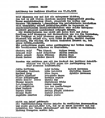 „Wir protestieren“: Offener Brief der Berliner Künstler mit der Bitte um die Rücknahme der Ausbürgerung Wolf Biermanns vom 17. November 1976. Quelle: Robert-Havemann-Gesellschaft
