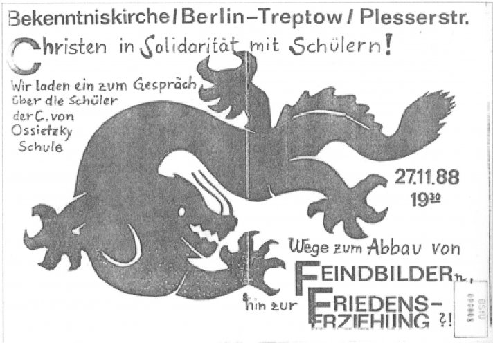 Plakat der Bekenntniskirche Berlin-Treptow für eine Kirchenveranstaltung am 27. November 1988 zu den Ereignissen an der Ossietzky-Oberschule. Quelle: BStU, MfS, HA IX, 2469, Bl. 8