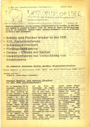 Ab sofort in neuer Satztechnik: Die Umweltblätter vom August 1988. Quelle: Robert-Havemann-Gesellschaft