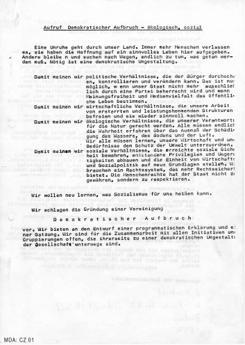 Gründungsaufruf der Bürgerbewegung Demokratischer Aufbruch (1989). Quelle: Robert-Havemann-Gesellschaft