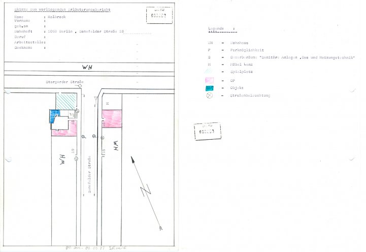 Das MfS observiert die Wohnung von Christian Halbrock in Berlin, Senefelderstraße 18 und erstellt am 3. März 1987 diesen detaillierten Lageplan. Quelle: Robert-Havemann-Gesellschaft (BStU-Kopie)