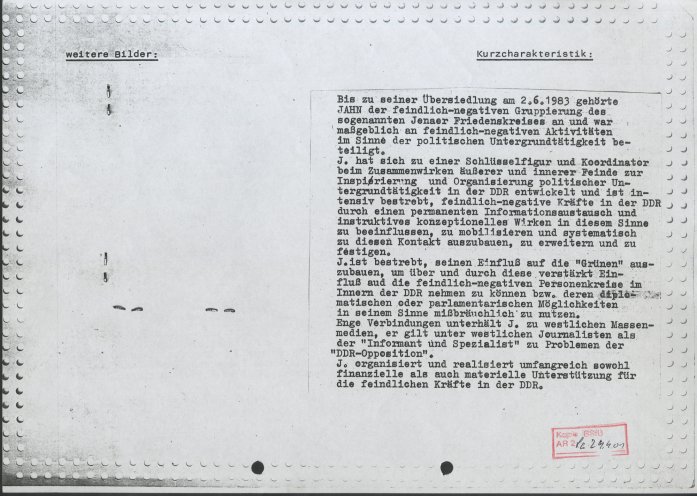 Fahndungskartei des MfS zu Roland Jahn, Juli 1988. Quelle: Bundesarchiv / Stasi-Unterlagen-Archiv, Seite 2 von 2
