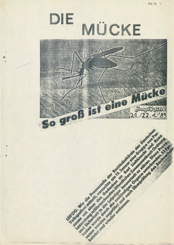 Im Vorfeld der Luxemburg-Liebknecht-Demonstration werden im Januar 1989 zahlreiche Oppositionelle verhaftet. Die Dokumentation „Die Mücke“, herausgegeben vom Arbeitskreis Gerechtigkeit und der Arbeitsgruppe Menschenrechte, dokumentiert die Ereignisse...