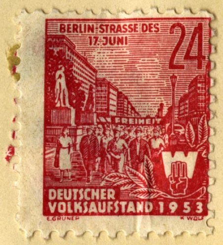 Um den blutig niedergeschlagenen Volksaufstand vom 17. Juni 1953 in der Erinnerung der DDR-Bevölkerung wachzuhalten, verbreitet die KgU diese gefälschten Briefmarken in der DDR.