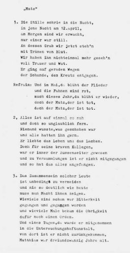 Ein Lied für Matz: „Und im Mai da blüht der Flieder und die Fahnen, die sind rot …“. Songtext von Peter Kähler zum Gedenken an Matthias Domaschk (1981).