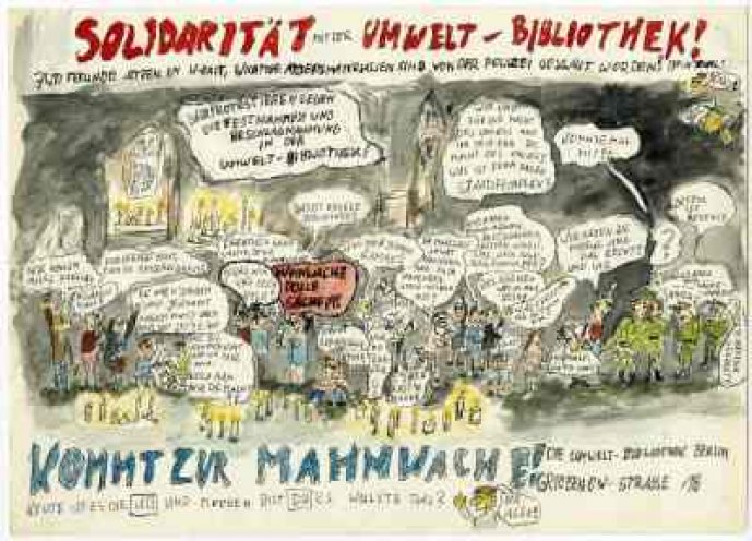Karikatur von Dirk Moldt als Aufruf zur Mahnwache für die Freilassung der inhaftierten Mitglieder der Umwelt-Bibliothek.