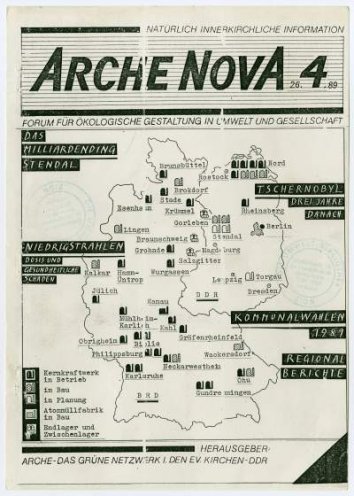 Arche Nova – Forum für ökologische Gestaltung in Umwelt und Gesellschaft, herausgegeben vom Grün-ökologischen Netzwerk Arche (26. April 1989). Diese Ausgabe zum Thema Kernenergie ist eines von insgesamt fünf Heften, die die Arche von 1988 bis 1990...