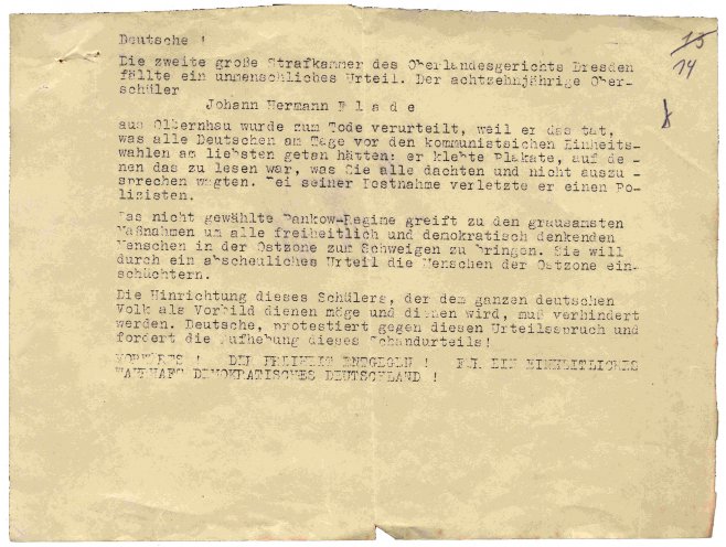 Kampf gegen unfassbares Unrecht: Das Todesurteil gegen den Oberschüler Hermann Joseph Flade ist für die Werdauer Schüler eine entscheidende Motivation zum Widerstand gegen das SED-Regime. Gegen das unmenschliche Urteil protestieren sie mit diesem selbst...