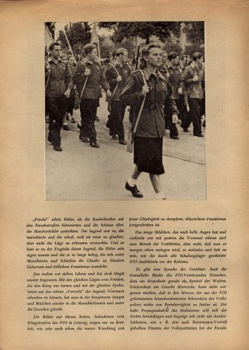 „Jugend auf dem Marsch in eine neue Tragödie“: Flugblatt der SPD von 1952, in dem sie Kritik an dem militaristischen Drill übt, dem die Jugend in der Sowjetzone ausgesetzt ist. Quelle: Archiv der Sozialen Demokratie, Seite 2 von 4