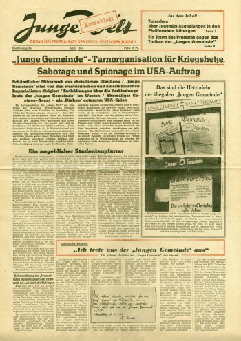 Extrablatt gegen die Junge Gemeinde: Die Junge Welt, das Zentralorgan der FDJ, veröffentlicht im April 1953 eine Propaganda-Ausgabe. Im DDR-Samisdat wird dieses Extrablatt in der zweiten Hälfte der 1980er Jahre einmal als Deckblatt verwendet („Glasnot“)....