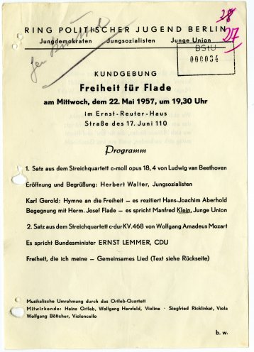 Im Mai 1957 ist Hermann Joseph Flade schon fast sieben Jahre im Gefängnis. Im Bild: Programm einer Veranstaltung Westberliner Jugendorganisationen zur Unterstützung des Inhaftierten. Quelle: BStU, MfS, ZA/AS 11646/62a