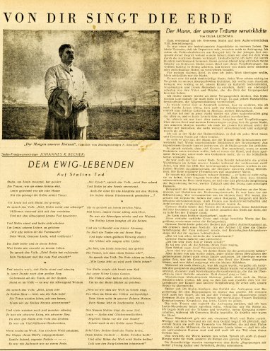 Nach dem Tod des sowjetischen Staats- und Parteichefs Josef Stalin im März 1953 erreicht der Personenkult um den Diktator seinen Höhepunkt. Der Schriftsteller und spätere Kulturminister der DDR, Johannes R. Becher, verherrlicht den Diktator in seinem...