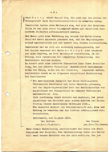 Protokoll der Außerordentlichen Fakultätssitzung der Medizinischen Fakultät am 30. März 1955. Während dieser Sitzung informiert der Staatssekretär Gerhard Harig die Universitätsleitung über die Pläne der Regierung: Die Medizinische Fakultät...