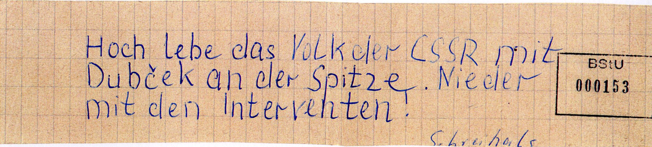In Schwerin schreibt ein 21-jähriger Flugblätter gegen den Einmarsch der Warschauer-Pakt-Truppen in die CSSR und verteilt diese in Hausbriefkästen in seiner Wohngegend. Quelle: BStU, MfS, BV Schwerin, AU 11/69, GA Bd. 3, Bl. 153, Seite 7 von 10
