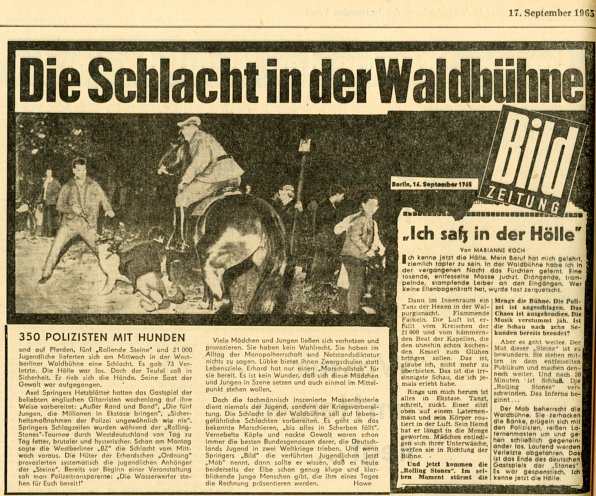 Beatmusik als „Nervengift des Klassenfeindes“: Nach einem Konzert der Rolling Stones am 15. September 1965 zerlegen aufgebrachte Teenager die Westberliner Waldbühne zu Kleinholz und randalieren anschließend in der S-Bahn. Die DDR-Medien, allen voran...