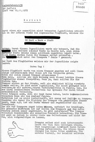 Tonbandabschrift eines Berichts von Manfred Rinke, der die Stasi als IM „Raffelt“ jahrelang über alle Details der Tramperszene unterrichtet, 12. November 1975. Quelle: Bundesarchiv / Stasi-Unterlagen-Archiv, Seite 1 von 2