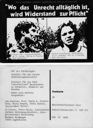 Solidarität aus dem Westen mit den inhaftierten Mitgliedern der FG Jena. Die Protestpostkarte wird 1983 in der Bundesrepublik hergestellt und verkauft. Das eingenommene Geld unterstützt die DDR-Friedensbewegung. Quelle: Robert-Havemann-Gesellschaft