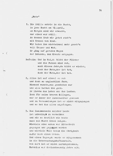 Ein Lied für Matz: „Und im Mai da blüht der Flieder und die Fahnen, die sind rot …“. Songtext von Peter Kähler zum Gedenken an Matthias Domaschk (1981). Quelle: Robert-Havemann-Gesellschaft