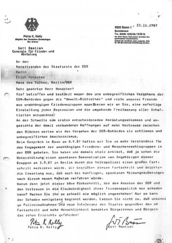 Bereits am 25. November 1987 protestieren Petra Kelly und Gerd Bastian bei Erich Honecker gegen die Verhaftung von Mitgliedern der Umwelt-Bibliothek. Quelle: Robert-Havemann-Gesellschaft