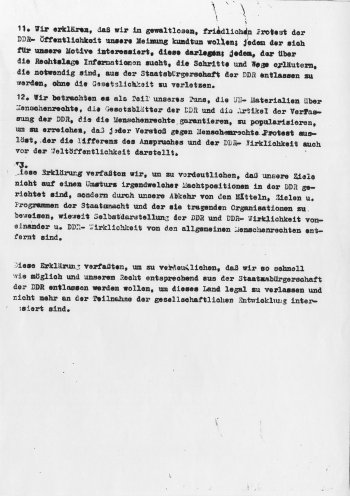 Öffentlicher Protestbrief des Weißen Kreises an Erich Honecker sowie an den Rat der Stadt Jena vom 17. Juni 1983. Eine Anschrift und die Unterschriften fehlen auf dem vorliegenden Dokument. Quelle: Robert-Havemann-Gesellschaft, Seite 3 von 3