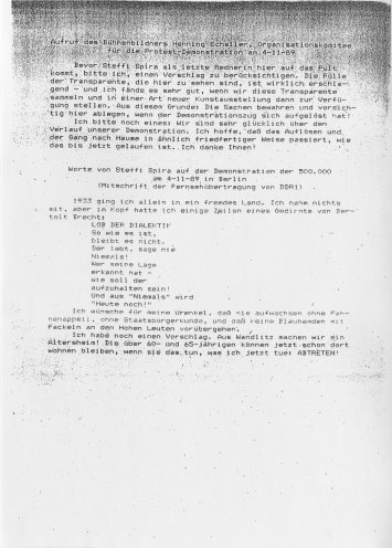 Beiträge von der Schauspielerin Steffie Spira und dem Bühnenbildner Henning Schaller vom Organisationskomitee für die Protestdemonstration am 4. November 1989 in Berlin. Quelle: Robert-Havemann-Gesellschaft / RHG_Fak_0083