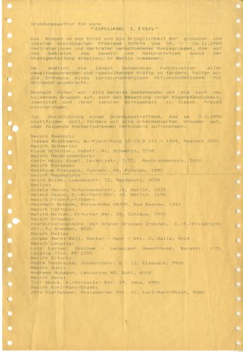 Gründungsaufruf der Grünen Liga (1989). Quelle: Robert-Havemann-Gesellschaft, Seite 1 von 2, RHG_Fak_0942