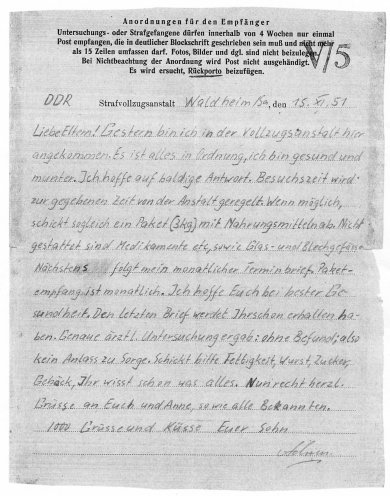 Achim Beyer schreibt aus der Haftanstalt Waldheim an seine Eltern (15. November 1951). Quelle: Privat-Archiv Achim Beyer