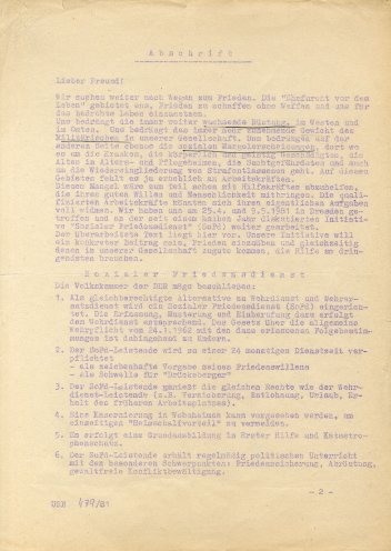 Gesetzesinitiativ zur Gründung eines Sozialen Friedensdienstes als Ersatz für den, für jeden DDR Jugendlichen obligatorischen, Wehrdienst. Die Initiative geht zurück auf den Dresdner Pfarrer Christoph Wonneberger. 1981 verschickten Wonneberger und...